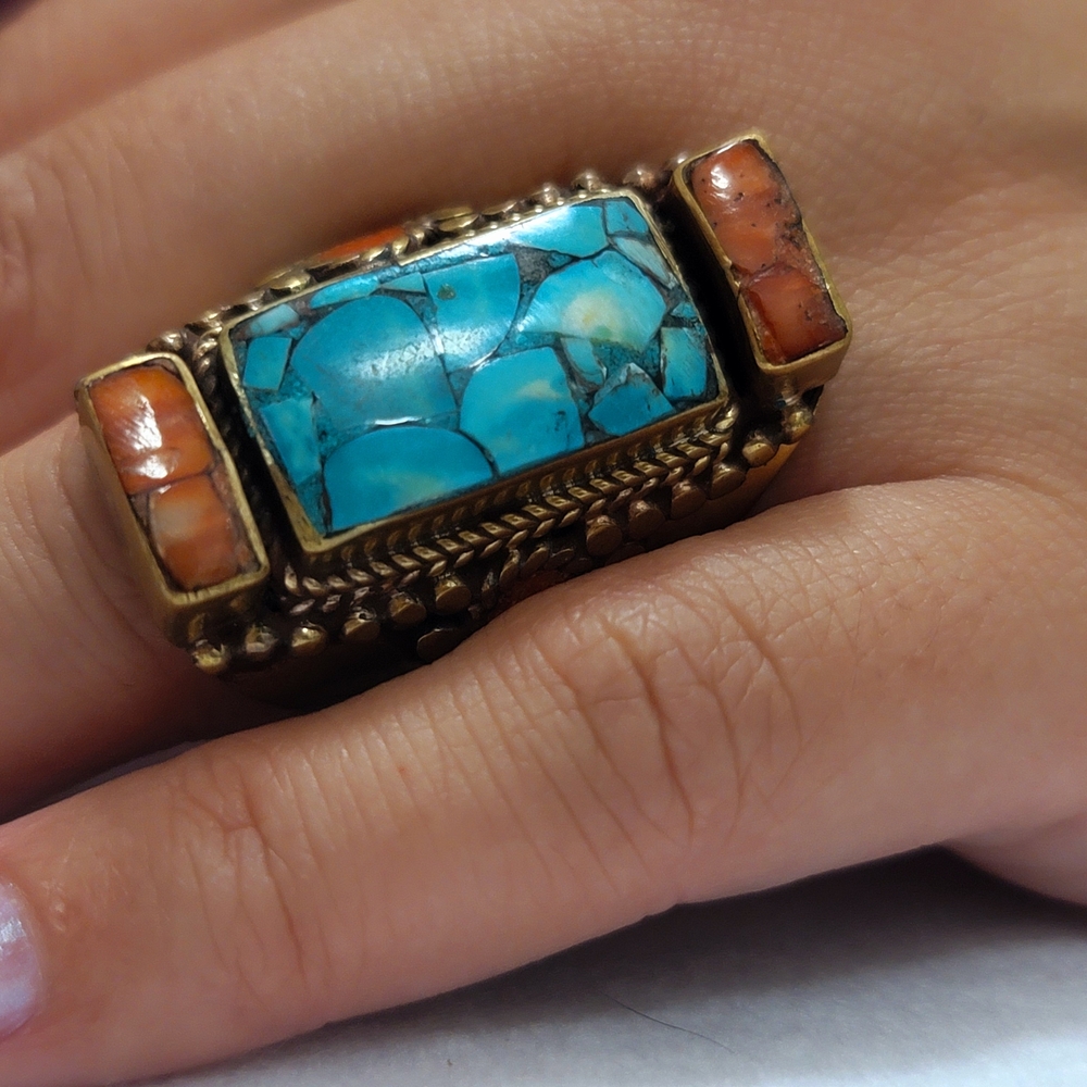 Crushed Coral & Turquoise Inlay Brass Ring - Handmade In Nepal -Vintage, Artisan